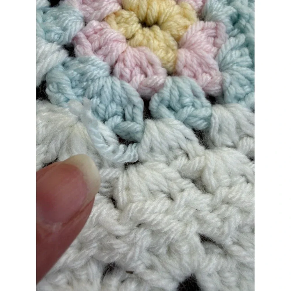 Vintage Crochet Granny Square Blanket Pastel Floral Throw 58x42